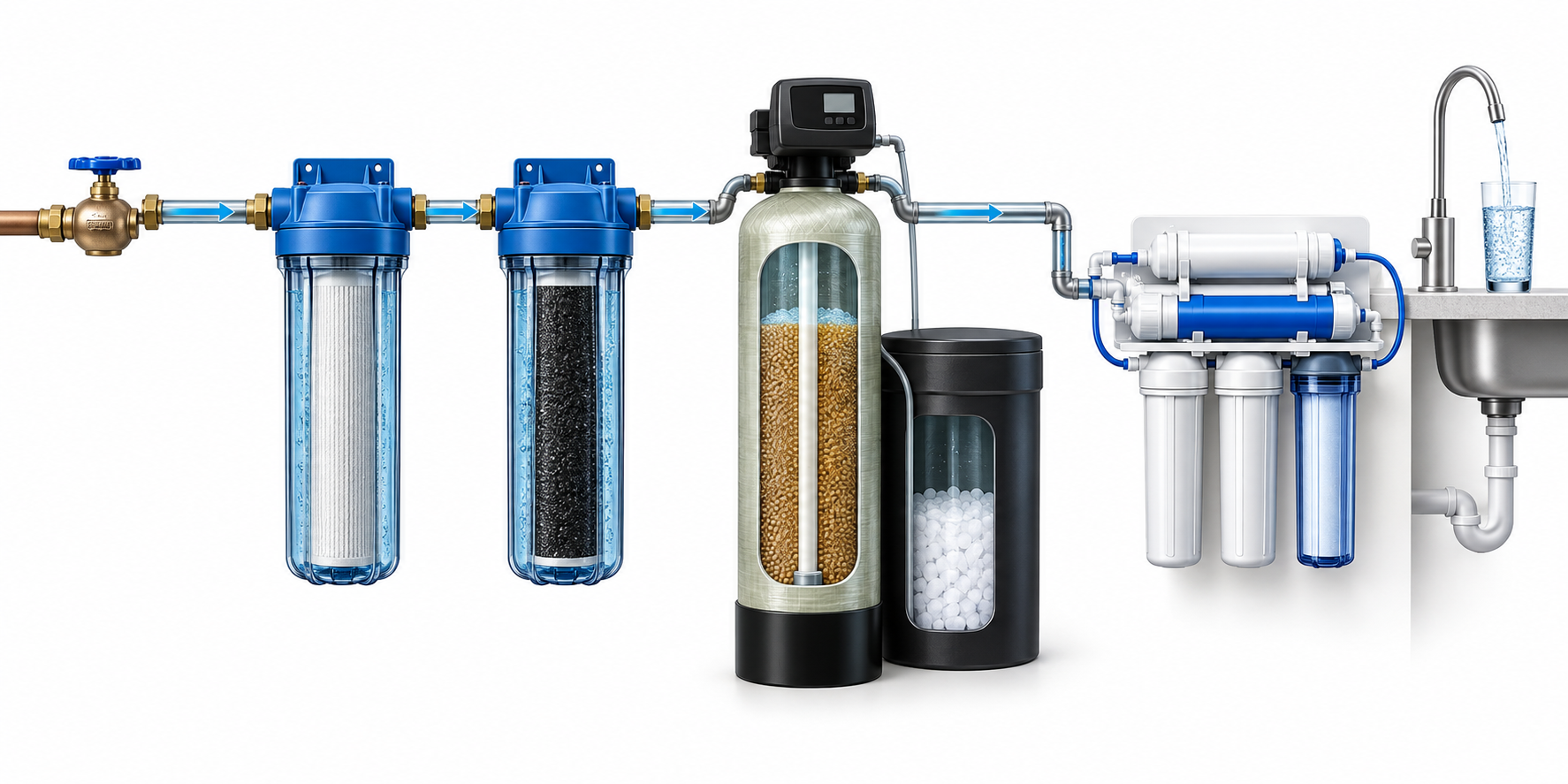 Water treatment flow showing sediment filtration, activated carbon, softening and under-sink reverse osmosis